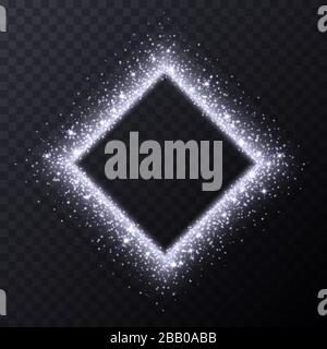 Silver rhombus frame with sparkles and flares, abstract luminous particles, white stardust light effect. Stock Vector