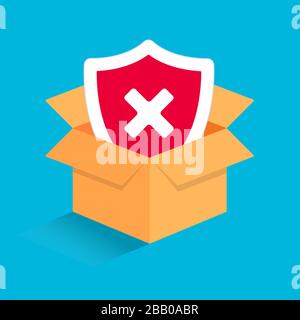 3d isometric cardboard opened box isolated on light blue background with check mark cross in the shield sign icon. Symbol of bad protection, guardings Stock Vector