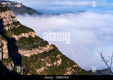 Mountain and basilica of Montserrat, Aerial view of central Catalonia, Manresa area, Barcelona, Catalonia, Spain.
