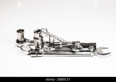 Chrome vanadium steel. Spanners and socket wrenches on white background. Stock Photo