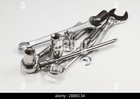 Chrome vanadium steel. Spanners and socket wrenches on white background. Stock Photo