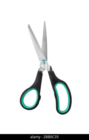 Silver metal open scissors with black plastic handles on white background isolated closeup, steel cutting tool for paper, fabric clippers, hair shears Stock Photo