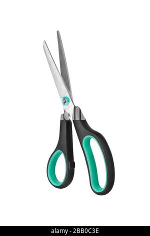 Silver metal open scissors with black plastic handles on white background isolated closeup, steel cutting tool for paper, fabric clippers, hair shears Stock Photo