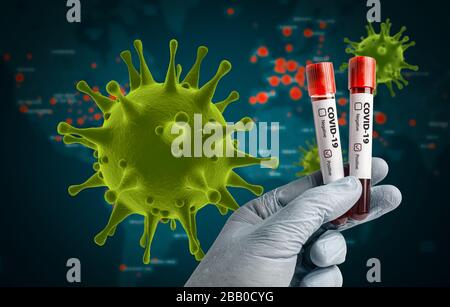 Pandemic COVID-19 3d render concept: Scientist holding blood sample in test tubes with positive test result marked.  Coronavirus microbe on the backgr Stock Photo