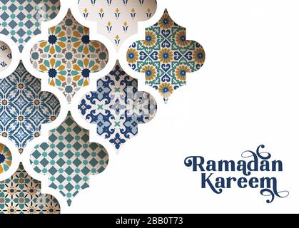 Close-up of colorful ornamental arabic tiles, patterns through white mosque window. Greeting card, invitation for Muslim holiday Ramadan Kareem Stock Vector