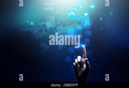 Business intelligence, Data analysis dashboard with icons charts and diagram on virtual screen Stock Photo