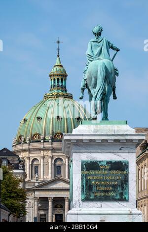Equestrian statue of King Frederick V of Denmark with the Frederik's church in the background, Copenhagen, Denmark, Europe Stock Photo