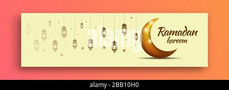 Banner for Ramadan Preparation with a Shining Moon Design, lanterns and stars Stock Vector