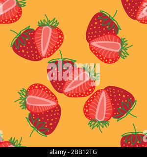 Vector seamless pattern of Strawberrys, design colorful abstract illustration. Whole and sliced red Strawberry berry on yellow background for patterns Stock Vector