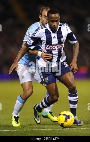 West Bromwich Albion's Saido Berahino and Manchester City's Pablo Zabaleta battle for the ball Stock Photo