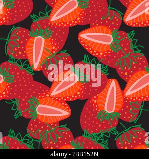 Vector seamless pattern of Strawberrys, design colorful abstract illustration. Whole and sliced red Strawberry berry on black background for patterns, Stock Vector