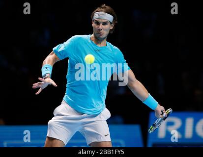 Rafael Nadal competes against Tomas Berdych during day five of the Barclays ATP World Tour Finals Stock Photo