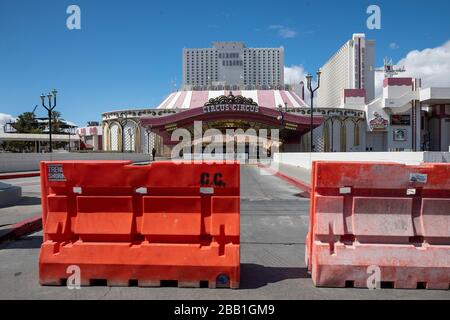 General view of the closed entrance to the Circus Circus Hotel & Casino amid the global coronavirus COVID-19 pandemic, Monday, March 23, 2020, in Las Vegas. (Photo by IOS/Espa-Images) Stock Photo