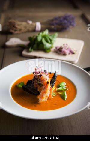 bouillabaisse seafood soup with shrimps salmon and mussels Stock Photo