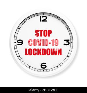 Clock face without the hands with warning sign for Covid-19. Lockdown. Concept of stop working activities due to coronavirus medical emergency. Stock Photo
