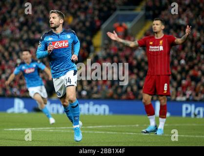 Napoli's Dries Mertens celebrates scoring his side's first goal of the game Stock Photo