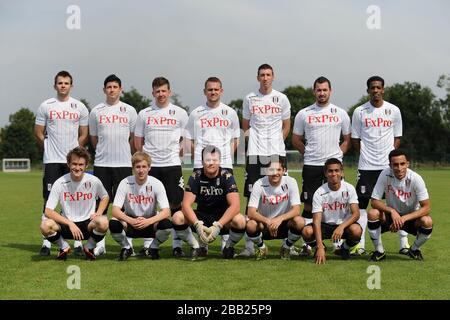 Fulham DFC Mens team group Back row, L-R: James Arnold, Alex Bovino, Sam Arnold, Richard Hounslow, Daniel Rumney, Trevor Drummer, Shyloh Morally   Front row, L-R: Andrew Kenward, Philip Swift, Sam Kemp, Jacob Willis, Ross Ward, Daniel Hogan Stock Photo