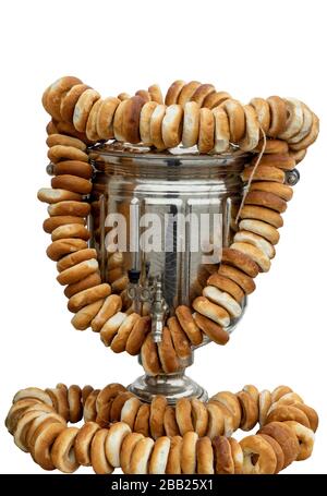 Russian tea samovar with a bunch of bagels. Shrovetide Maslenitsa Butter Week festival meal Stock Photo
