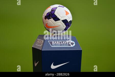 General view of an offcial Nike Barclays Premier league match ball on a podium pitch side before kick off Stock Photo Alamy