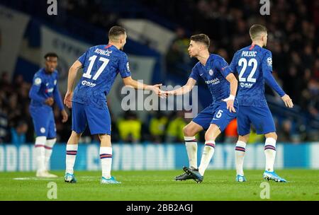 Chelsea's Jorginho celebrates scoring his side's third goal of the game from the penlaty spot with team mate Chelsea's Mateo Kovacic Stock Photo