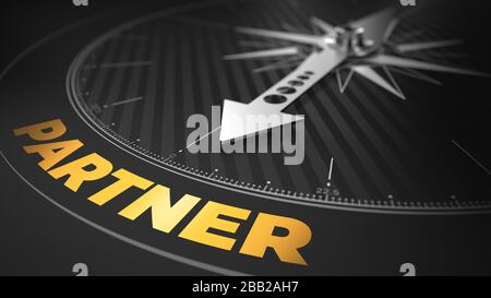 3D Illustration of an Abstract Compass Over Black Background with Needle Pointing the Text: Partner - Business Concept.
