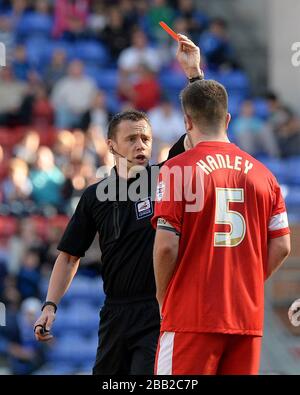 Referee Stuart Attwell shows Blackburn Rovers Grant Hanley the red card Stock Photo