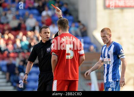 Referee Stuart Attwell shows Blackburn Rovers Grant Hanley the red card Stock Photo