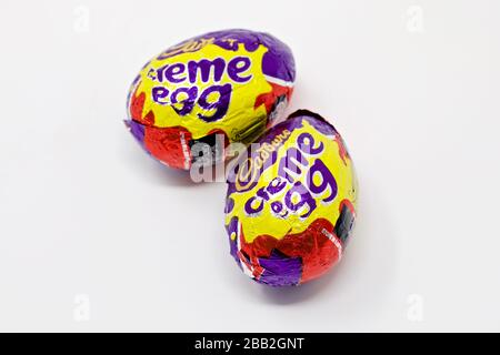 Cadbury’s Creme Eggs on a white background Stock Photo