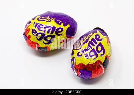 Cadbury’s Creme Eggs on a white background Stock Photo