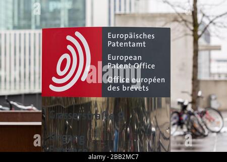 Sign at the entrance of the European Patent Office headquarters in Munich (EPO). Dealing with intellectual property, protection of copyrights. Stock Photo