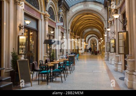 View along the so-called Ferstel Passage, inside Palais Ferstel. On the left a typcial viennese "Kaffeehaus" (coffee house). Located in the inner city Stock Photo