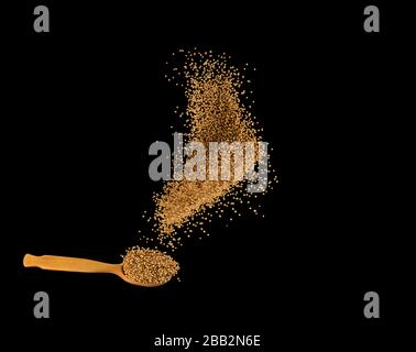 Zero gravity food concept. Mustard seeds splashing out of spoon isolated on black background Stock Photo