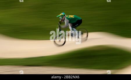 Brazil's Renato Rezende in action during the men's BMX seeding run at the BMX Track on day twelve of the London 2012 Olympic Games. Stock Photo