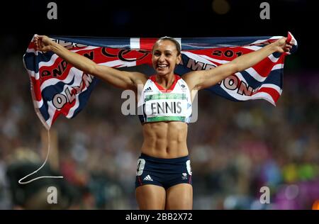 Jessica Ennis celebrates after winning gold in the heptathlon Stock Photo