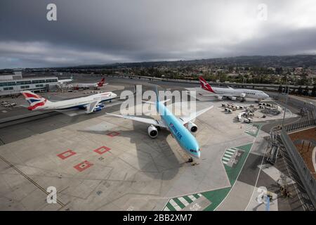 A British Airways 747, Korean Air Boeing 777-3B5ER, and Qantas 747 are seen at San Francisco International Airport (SFO) on Friday, September 27, 2019 in San Francisco, USA. (Photo by IOS/Espa-Images) Stock Photo