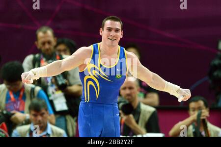 Brazil's Arthur Zanetti Nabarrete competes on the during the Artistic Gymnastics men's rings final at the North Greenwich Arena, London Stock Photo