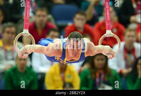 Brazil's Arthur Zanetti Nabarrete competes on the during the Artistic Gymnastics men's rings final at the North Greenwich Arena, London Stock Photo