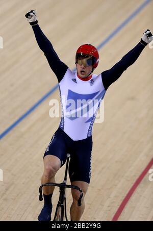 Great Britain's Jason Kenny celebrates winning Gold in the Men's Sprint. Stock Photo