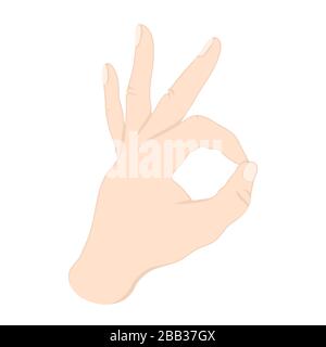 Hand gesture, wrist with fingers with ok sign good, language icon, logo, symbol emotion. Drawing bent fingers isolated on white background. Vector ill Stock Vector