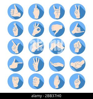 Hand gestures, finger marks, sign language icon set, stencil, logo, silhouette. Drawing of wrist, hands showing various symbol in a round frame, isola Stock Vector