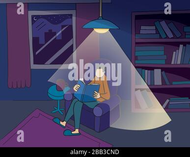 Hand drawn vector illustration man reading a book in his home. Stock Vector