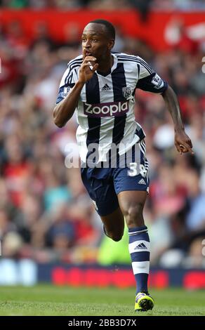 West Bromwich Albion's Saido Berahino celebrates scoring the 2nd goal against Manchester United Stock Photo