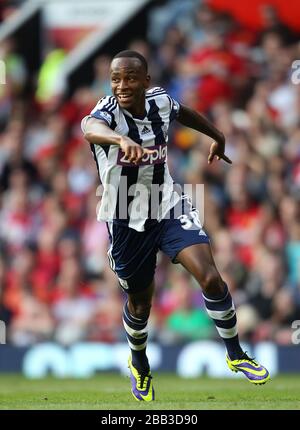 West Bromwich Albion's Saido Berahino celebrates scoring the 2nd goal against Manchester United Stock Photo