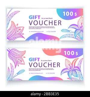 Voucher template multicolored vibrant ornamental lilies on white background. Value 100 dollars for department stores, business. shops, feminine goods Stock Vector