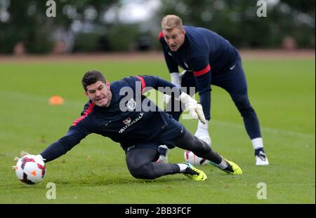 England goalkeeper Fraser Forster and Joe Hart (right) during training Stock Photo