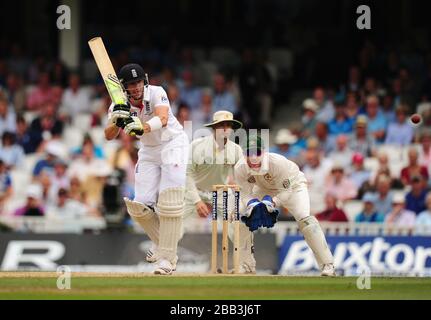 England's Kevin Pietersen in action during day three of the Fifth Investec Ashes Test match at The Kia Oval, London. Stock Photo