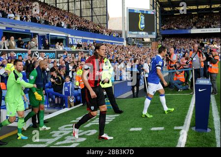 Everton and West Bromwich Albion players emerge from the tunnel at Goodison Park Stock Photo