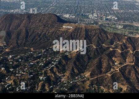General overall aerial view of the Hollywood Sign during a flight around Southern California on Saturday, October 5, 2019, in Los Angeles, California, USA. (Photo by IOS/Espa-Images) Stock Photo