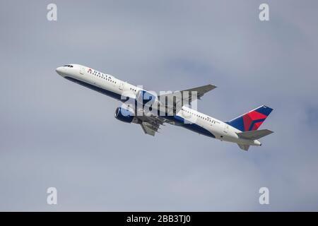 A Delta Airlines 757-232 sports charter departs Los Angeles International Airport (LAX) carrying the Denver Nuggets back to Colorado after a game against the Clippers on Saturday, February 29, 2020 in Los Angeles, California, USA. (Photo by IOS/Espa-Images) Stock Photo