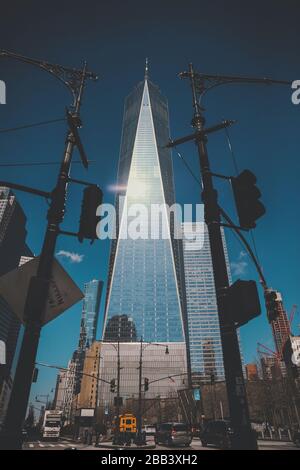 The One World Trade Center Between Traffic Lights Stock Photo